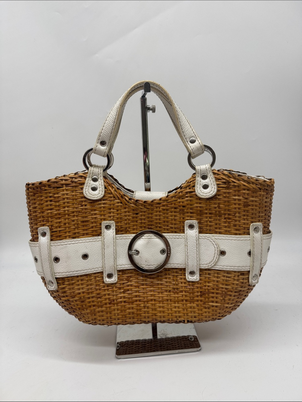 Rafe Woven Straw Tote with White Leather Trim